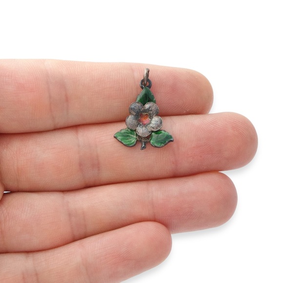 Vintage Sterling Silver Guilloche Enamel Flower Pendant / Charm Green Orange - Picture 3 of 4